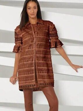 E3 by Etcetera Canyon Brown Fringed Macrame Look Lace Topper Jacket , NWOT